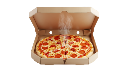 cardboard pizza box slightly open showing a pepperoni pizza inside, isolated on white.