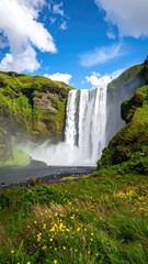Obraz premium Majestic Waterfall Cascading Over Mossy Cliffs in Iceland