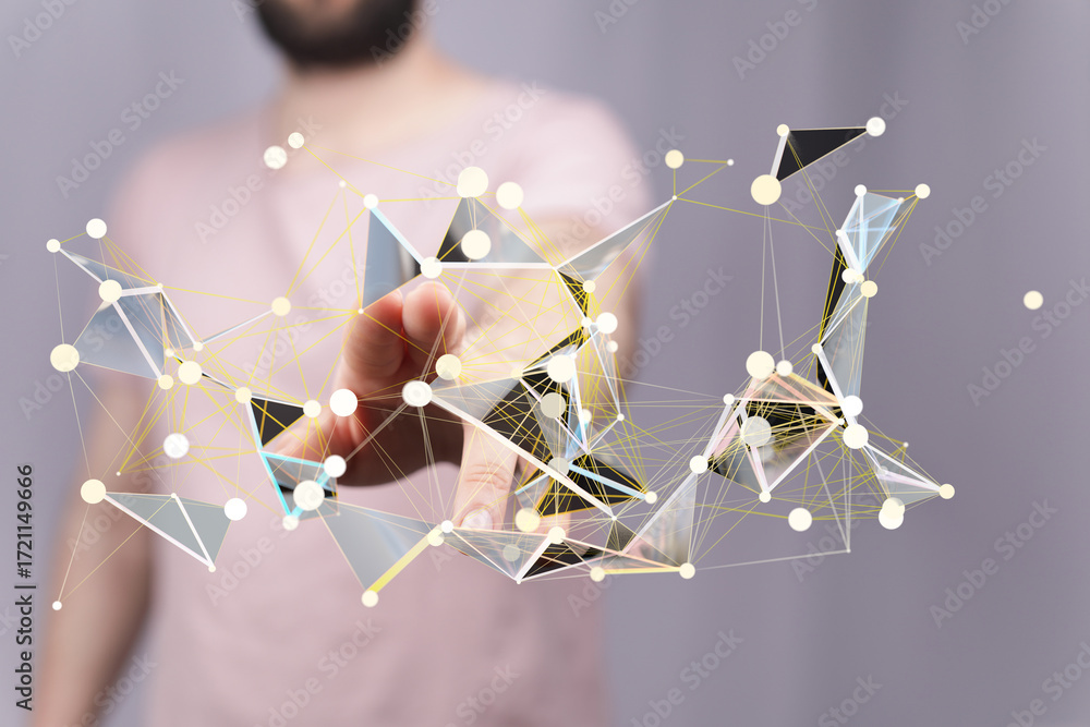 Poster abstract image of a man interacting with a digital network, showcasing connection and technology.