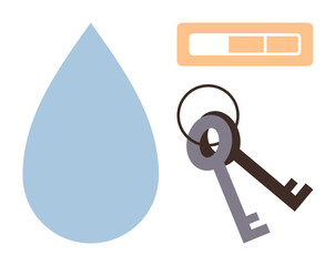 Large water drop with a set of keys and a progress bar. Ideal for security, privacy, technology, access control, sustainability, progress, and digital concepts. A simple flat metaphor
