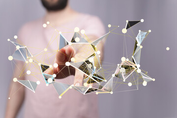 Abstract image of a man interacting with a digital network, showcasing connection and technology.