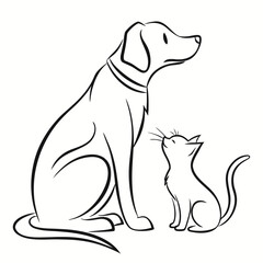 Fototapeta premium A dog and a cat sitting side by side, a simple line drawing.
