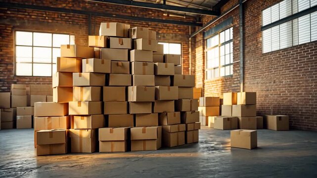 Warehouse with Stacked Cardboard Boxes Ready for Shipping and Distribution