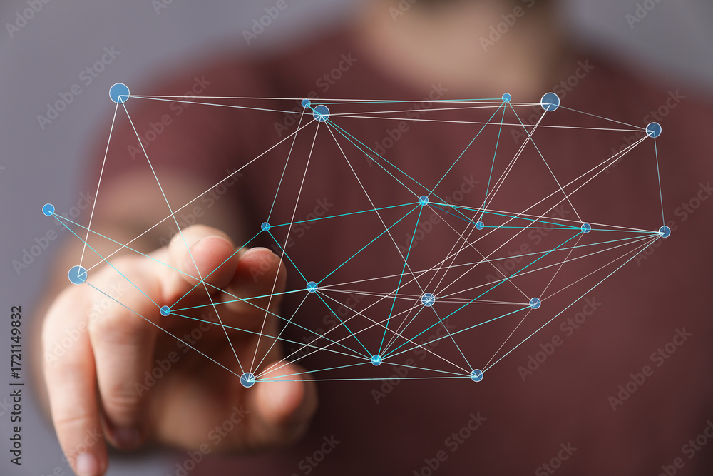 Poster abstract image of a hand interacting with a digital network. ideal for technology, connection, and c