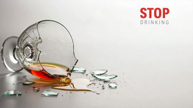 Broken glass with spilled drink on the floor representing Stop Drinking.