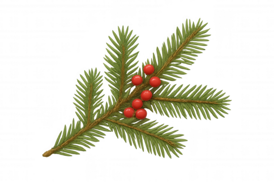 Pine branch with red holly berries illustrating winter holidays and christmas season, transparent background
