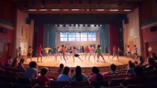 A school auditorium filled with children performing a dance
