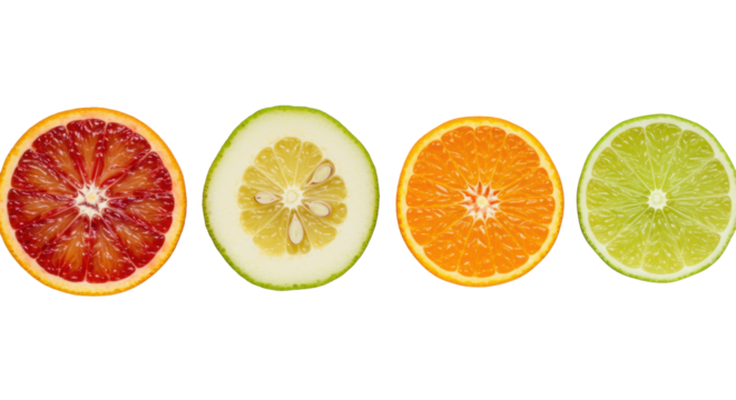 Five perfectly cut cross-section slices of fresh, ripe citrus fruits arranged horizontally against a transparent studio background, with juicy segments and vibrant hues, concept of natural freshness