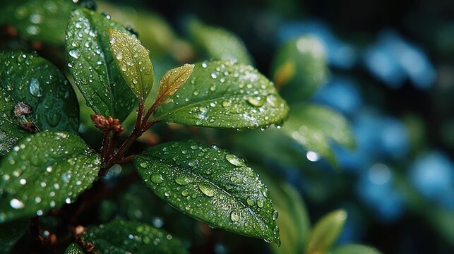 Dewy green leaves with clear sky in background - Powered by Adobe
