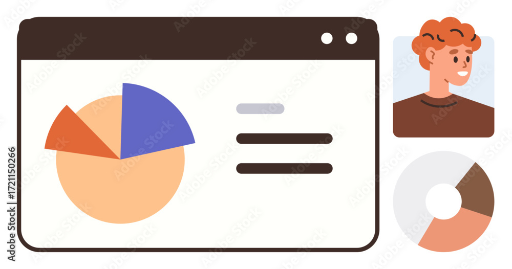 Poster dashboard screen featuring colorful pie chart, user profile portrait, and text elements for data ana
