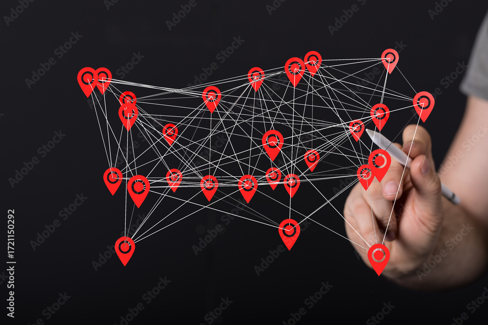 Poster abstract image of interconnected location points, symbolizing global network, communication, and con