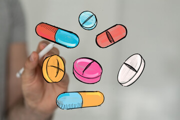 Hand-drawn illustration of colorful pills and capsules. Perfect for healthcare, medicine, pharmacy, and wellness concepts.