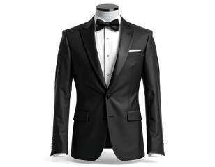 Stylish and classic men's black tuxedo with a bow tie and white dress shirt on a display mannequin, representing timeless elegance for formal occasions and celebrations