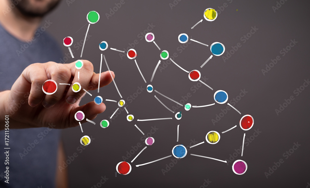 Poster abstract image of a hand interacting with a colorful network, representing connection, technology, a