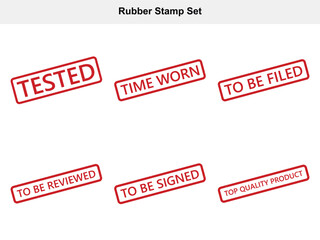 Set of Red Rubber Stamps with Phrases Tested, Time Worn and Other on White © MDABDUS