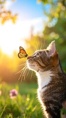 A cat gazing at a butterfly in a sunny garden
