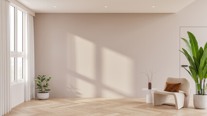 Interior of a modern living room with a stylish wooden armchair with a large empty tv wall for mockup.3drender