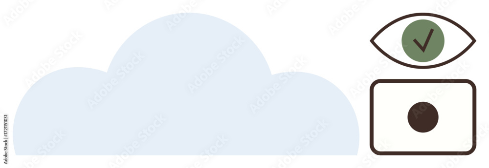 Poster cloud shape alongside an eye symbol with a green checkmark and a data storage icon. ideal for data s