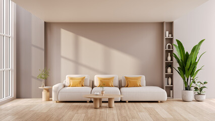 A Modern Minimal Living Room with Cozy sofa  and empty beige wall mockup, sofa and indoor plant,wood floor.3d render