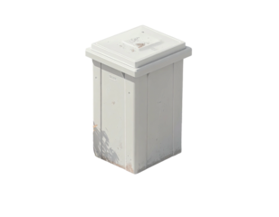White rectangular outdoor waste bin, slightly weathered