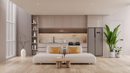 Bright modern and minimalist living room with a white sofa, and a modern open kitchen. High ceiling interior with natural light.3d render
