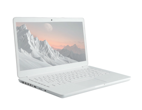 White laptop angled, scenic mountain backdrop - Powered by Adobe
