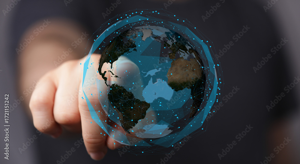 Aufkleber high-quality image of a hand interacting with a digital globe, representing global connection and ne