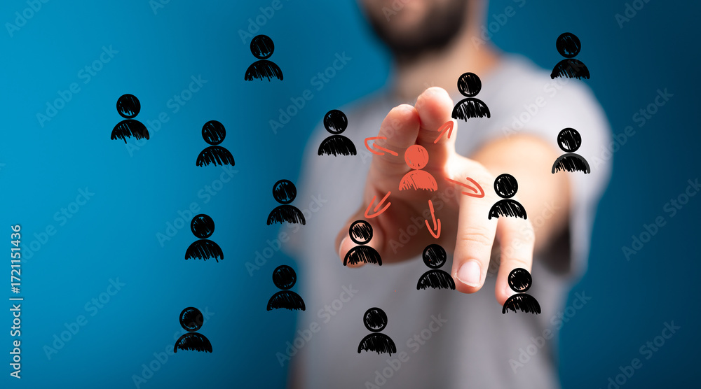Poster hand pointing at a person icon among others, representing audience selection and targeting.