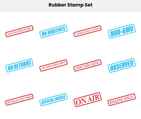 Rubber stamp phrases set in red and blue ink on white background, grunge effect