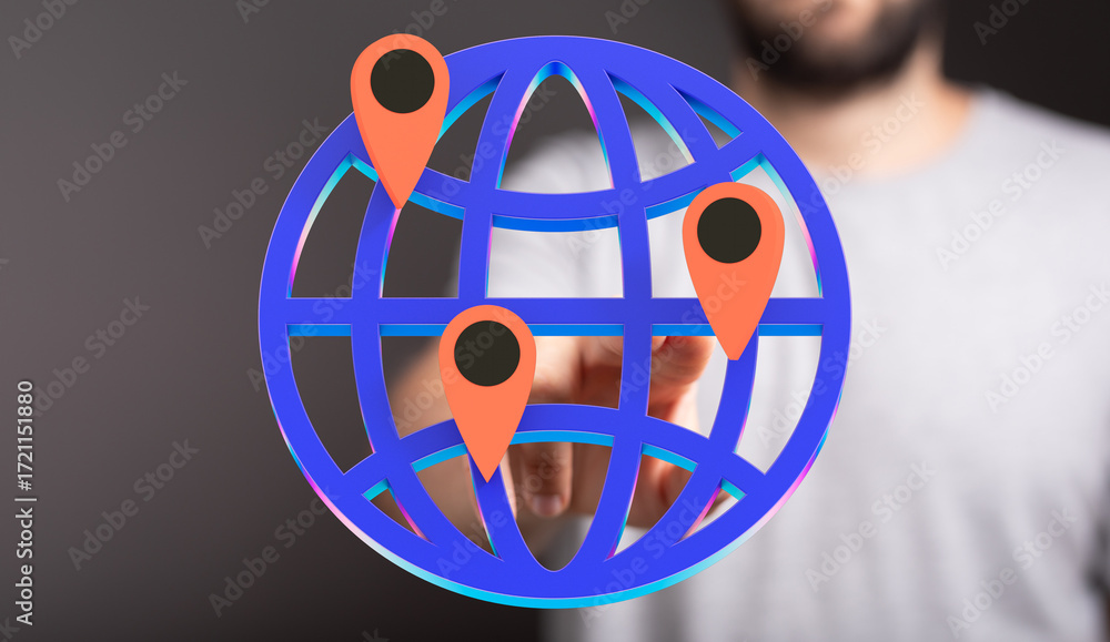 Poster image of a person interacting with a 3d globe, showcasing global reach and network connectivity.