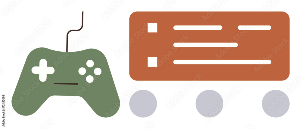 Poster green gaming controller next to a brown interface with text blocks and buttons. ideal for gaming, te