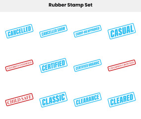 Rubber Stamp Set with Blue and Red Borders and Varied Text on White Background