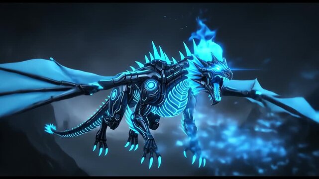 Cybernetic Dragon With Blue Flames Dark Background