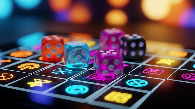 Colorful Dice on Neon Grid Game Board