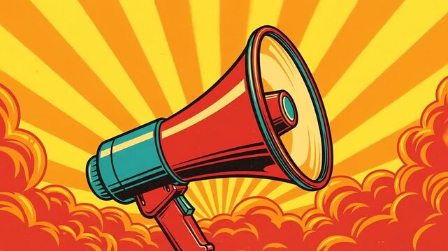 Red and Teal Megaphone Against a Sunburst Background