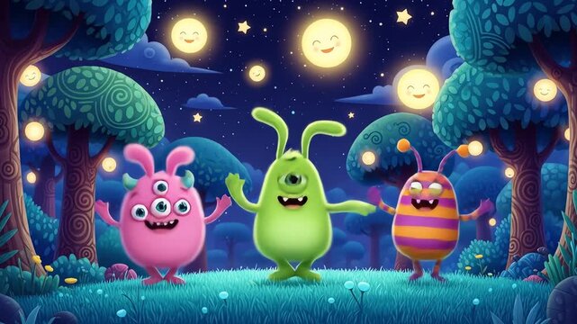 Three Playful Monsters in Night Forest