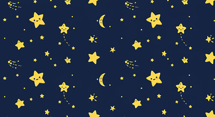 Seamless pattern featuring smiling yellow stars, crescent moon, and shooting stars on a dark blue background.