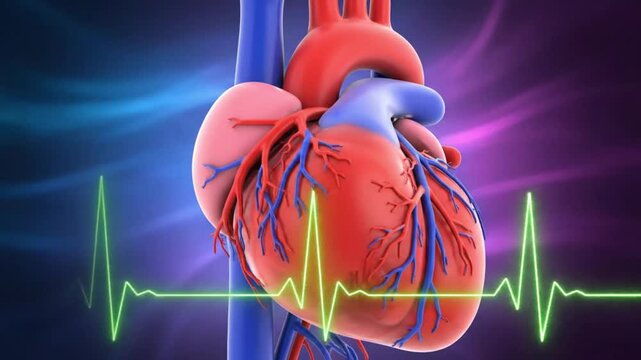 &ldquo;3D animation of a realistic human heart beating on a colorful glowing background. Symbol of health, vitality, and life, combined with cardiogram rhythm. Perfect for medical and science visuals, cardi