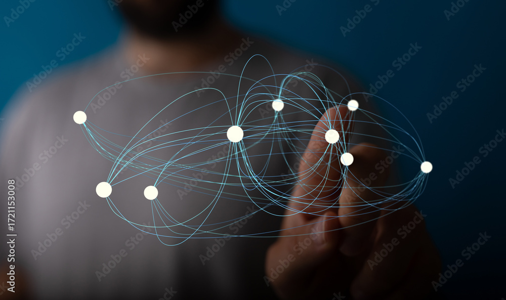 Poster abstract image of a hand interacting with a digital network. ideal for technology, connection, and g