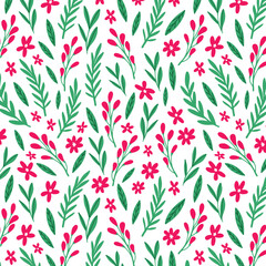 Doodled botany plants seamless repeat pattern. Random placed, various vector flowers, leaves, herbs, berries and branches illustration all over surface print on white background.
