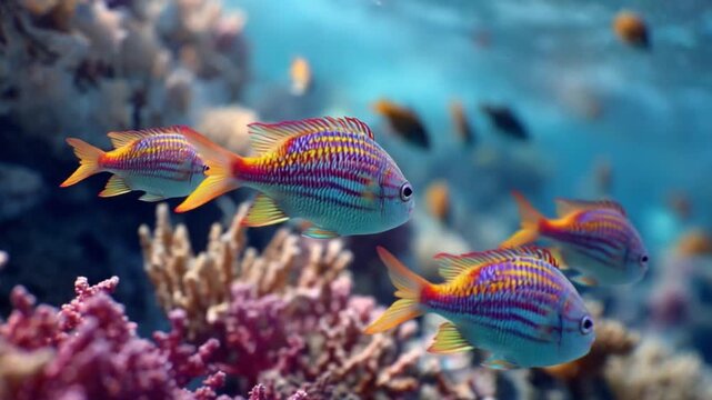 A coral reef underwater with colorful fish and clear water, a vibrant and marine scene.