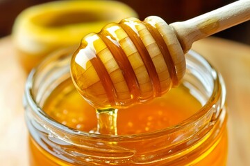 Honey Dripping from Dipper in Sweet Jar, Ideal for Healthy Recipes and Morning Delights