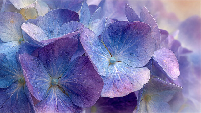 The image captures a cluster of flower petals in a close up view. These petals exhibit an ombre effect from purple to blue, with water droplets scattered across their surfaces