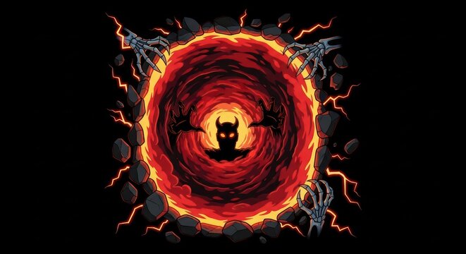 Infernal gateway illustration with skeletal hands and demonic silhouette figure