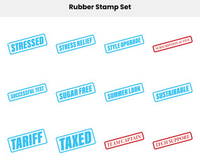 Variety of Rubber Stamps with Text on White Background in Blue and Red Colors