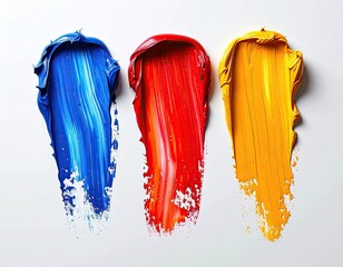 Three vibrant paint strokes of blue, red, and yellow