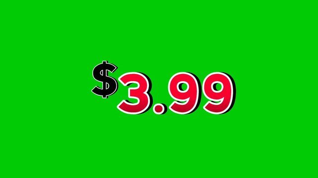$3.99 Dollars price tag animation motion graphics in bold red numbers on green screen background with smoke effects. dollar symbol is displayed prominently perfect promotions, ads, banners, marketing.