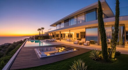 Fototapeta premium Modern villa with infinity pool overlooking the sea during a colorful sunset scene creating a