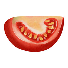A cross-section of a tomato. Watercolor drawing of a fresh tomato. Hand-drawn watercolor. Vegetables. Perfect for brand packaging, corporate identity, eco-products, agriculture, and menu design.
