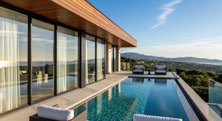 Fototapeta premium Serene luxury villa featuring an infinity pool with expansive ocean and mountain views